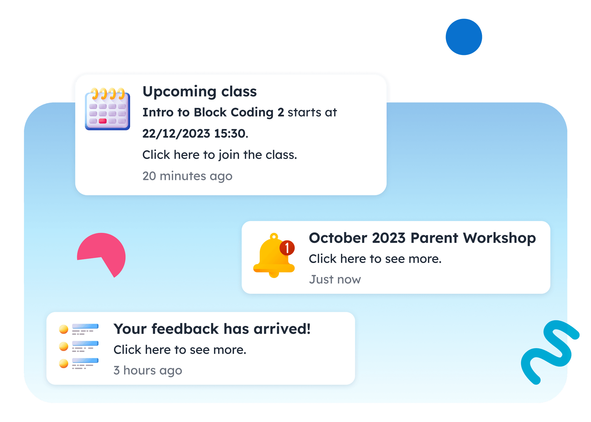 Examples of notifications pushed to learners including class reminders, class feedback, and important events.