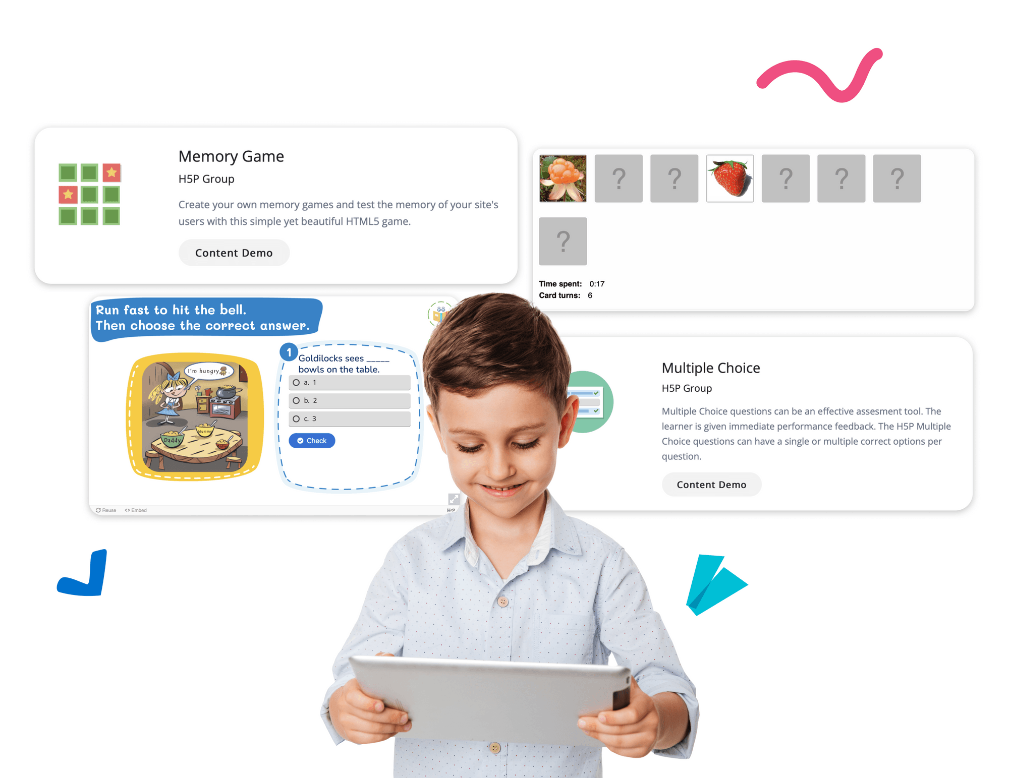 Young boy on his ipad. The background represents a range of microlearning templates that can be created using the H5P creator tool. 