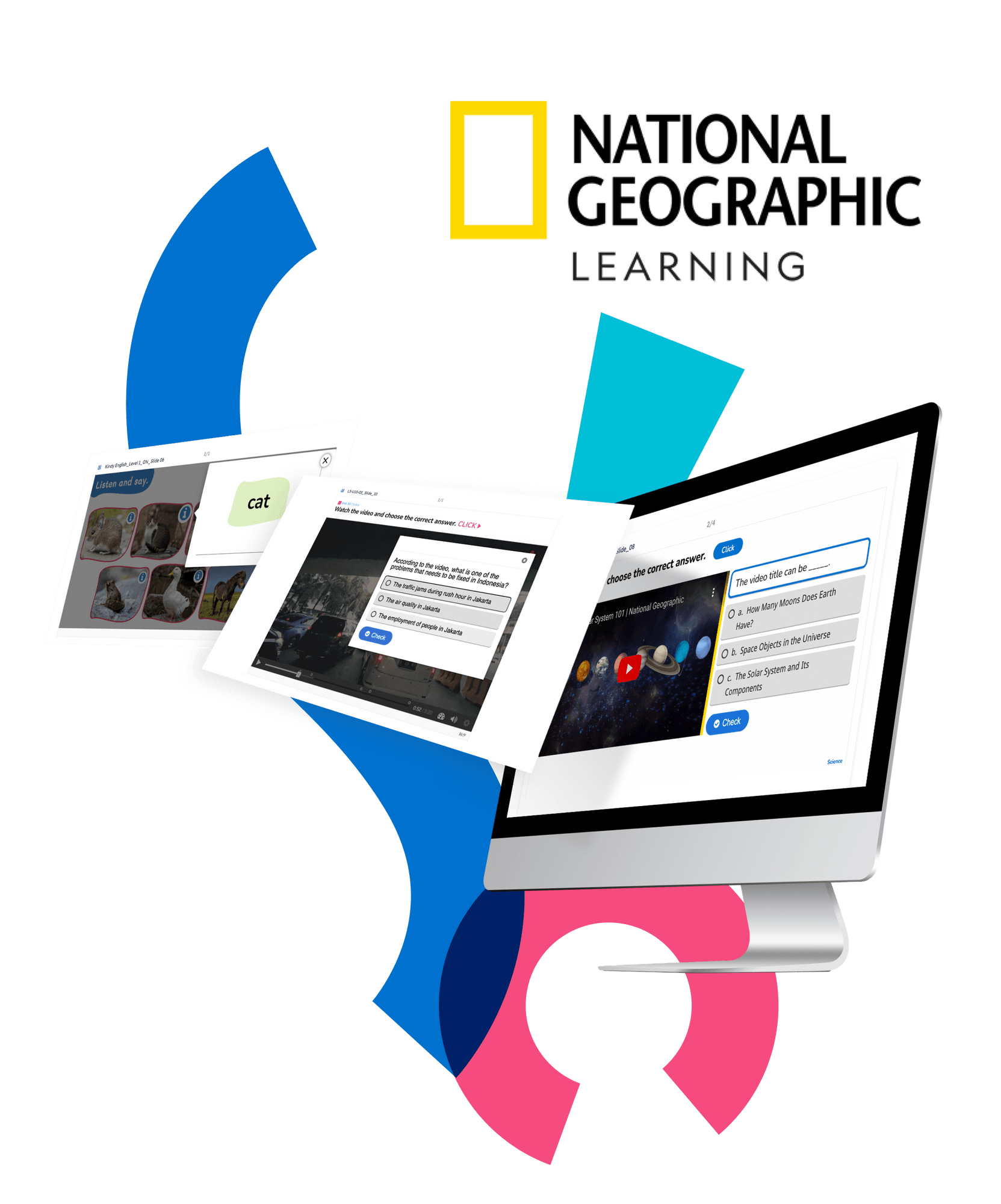 Three screens with interactive H5P content, including quizzes and multimedia. Featuring logo for National Geographic.