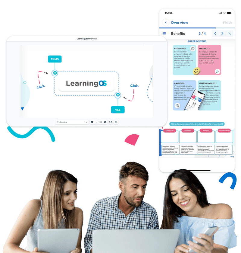 Educational professionals accessing content on tablet, laptop, and mobile phone and discussing the benefits of LearningOS’ microlearning content.