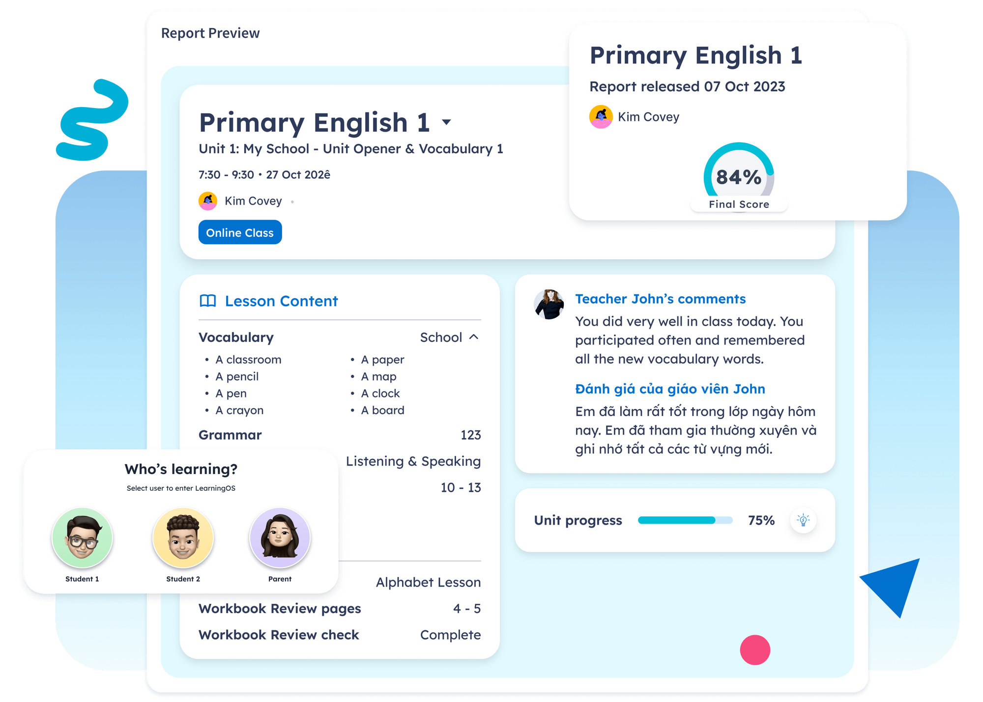Report preview. Teachers can view class content and leave constructive feedback in multiple languages.