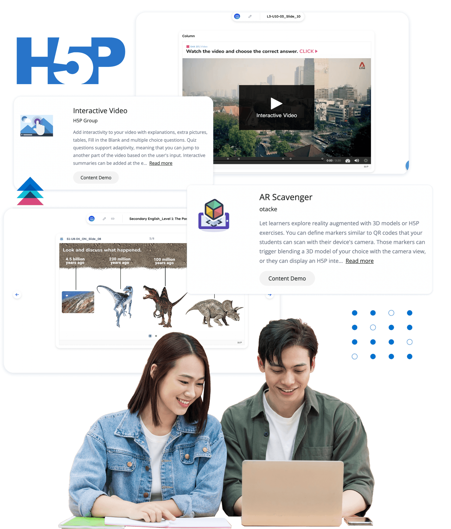 Young adults easily creating interactive activities using H5P content authoring integration: timelines, AR Scavenger, and interactive video.  